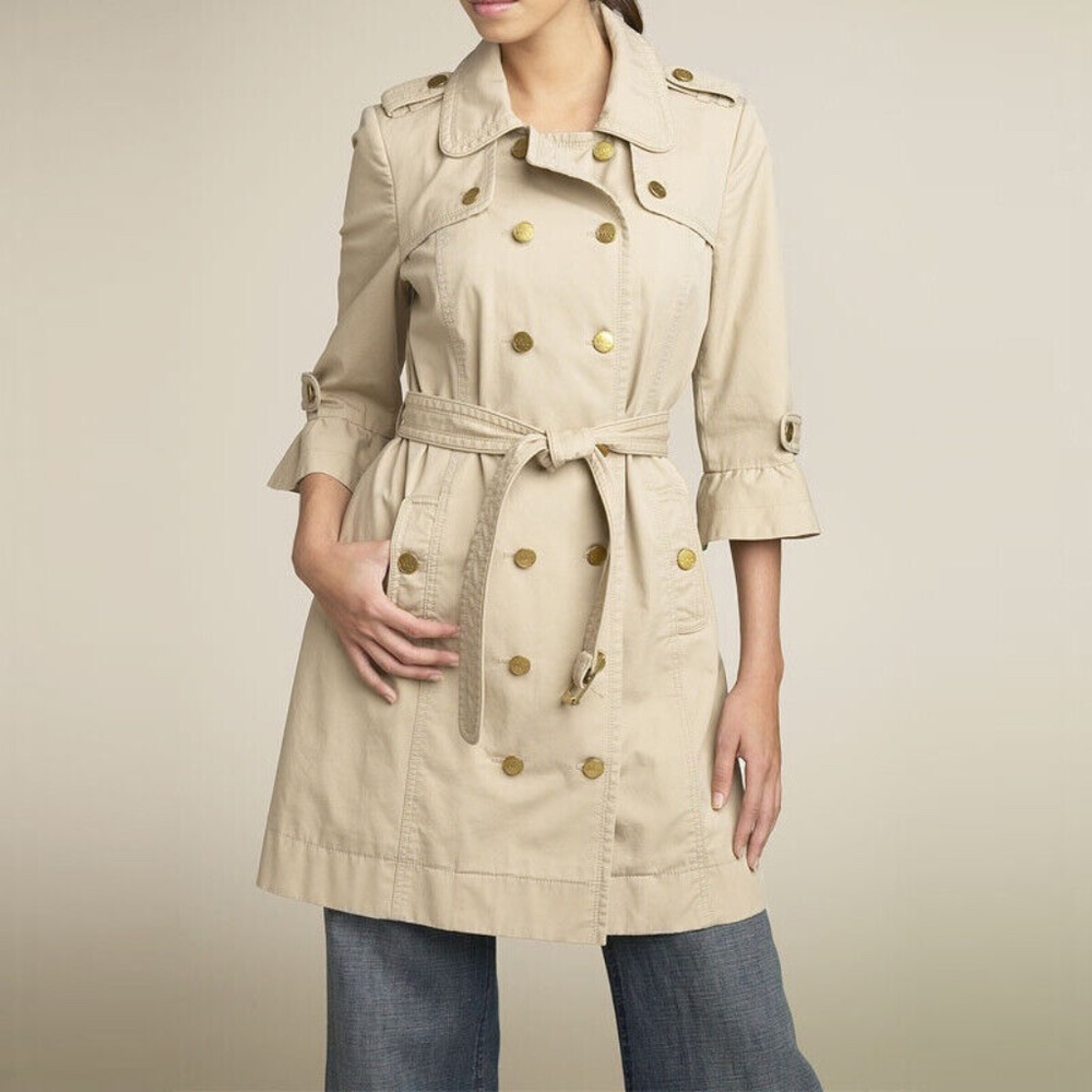 Juicy Couture Double Breasted Cotton Twill Camel Trench Coat Jacket Small